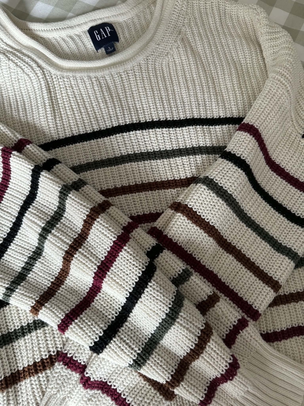 GAP Cream Crewneck Sweater with Burgundy, Black Brown & Green Stripes100% Cotton - Picture 3 of 4